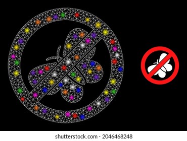 Flare mesh stop butterfly constellation icon with lightspots. Illuminated vector constellation based on stop butterfly icon. Sparkle carcass mesh stop butterfly on a black background.