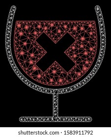 Flare mesh stop drink wine with sparkle effect. Abstract illuminated model of stop drink wine icon. Shiny wire carcass polygonal mesh stop drink wine. Vector abstraction on a black background.