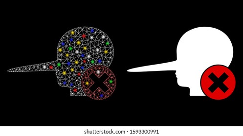 Flare mesh stop fake icon with glow effect. Abstract illuminated model of stop fake. Shiny wire carcass polygonal mesh stop fake icon. Vector abstraction on a black background.