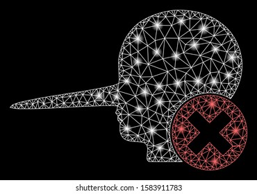 Flare mesh stop fake with sparkle effect. Abstract illuminated model of stop fake icon. Shiny wire carcass triangular mesh stop fake. Vector abstraction on a black background.