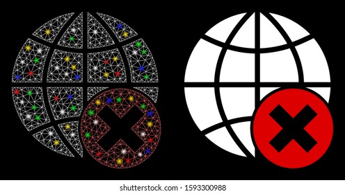 Flare mesh stop globalization icon with lightspot effect. Abstract illuminated model of stop globalization. Shiny wire frame polygonal mesh stop globalization icon.