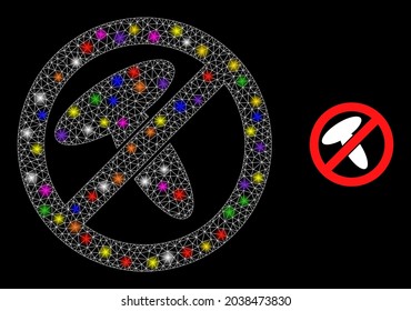 Flare mesh stop mushroom constellation icon with lightspots. Illuminated vector constellation based on stop mushroom icon. Sparkle frame mesh stop mushroom on a black background.
