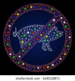 Flare mesh stop swine with lightspot effect. Abstract illuminated model of stop swine. Shiny wire frame polygonal mesh stop swine icon. Vector abstraction on a dark blue gradient background.