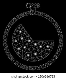 Flare mesh stopwatch with sparkle effect. Abstract illuminated model of stopwatch icon. Shiny wire frame triangular mesh stopwatch. Vector abstraction on a black background.