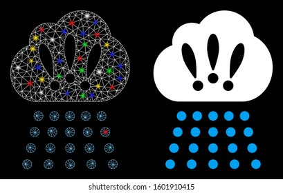 Flare mesh storm cloud icon with glare effect. Abstract illuminated model of storm cloud. Shiny wire carcass polygonal mesh storm cloud icon. Vector abstraction on a black background.