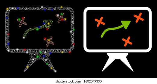Flare mesh strategy board icon with sparkle effect. Abstract illuminated model of strategy board. Shiny wire carcass polygonal mesh strategy board icon. Vector abstraction on a black background.