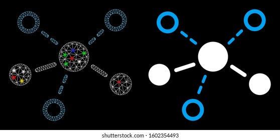Flare mesh structure icon with lightspot effect. Abstract illuminated model of structure. Shiny wire carcass triangular mesh structure icon. Vector abstraction on a black background.