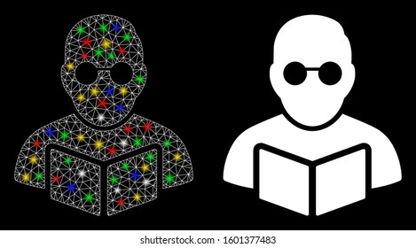 Flare mesh student read book icon with glitter effect. Abstract illuminated model of student read book. Shiny wire frame polygonal mesh student read book icon.