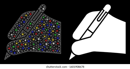 Flare mesh subscribe hand icon with sparkle effect. Abstract illuminated model of subscribe hand. Shiny wire frame triangular mesh subscribe hand icon. Vector abstraction on a black background.