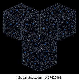 Flare mesh sugar cubes with glare effect. Abstract illuminated model of sugar cubes icon. Shiny wire frame triangular mesh sugar cubes. Vector abstraction on a black background.