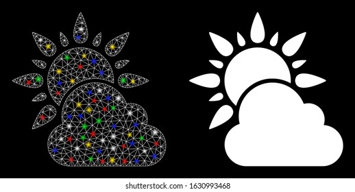 Flare mesh sun and cloud weather icon with lightspot effect. Abstract illuminated model of sun and cloud weather. Shiny wire frame polygonal mesh sun and cloud weather icon.