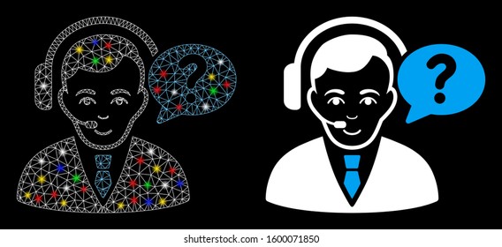 Flare mesh support manager icon with sparkle effect. Abstract illuminated model of support manager. Shiny wire carcass polygonal mesh support manager icon. Vector abstraction on a black background.