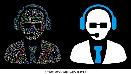Flare mesh support manager icon with glow effect. Abstract illuminated model of support manager. Shiny wire frame polygonal mesh support manager icon. Vector abstraction on a black background.