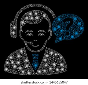 Flare mesh support manager with lightspot effect. Abstract illuminated model of support manager icon. Shiny wire carcass polygonal network support manager. Vector abstraction on a black background.