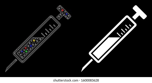 Flare mesh syringe icon with sparkle effect. Abstract illuminated model of syringe. Shiny wire carcass polygonal mesh syringe icon. Vector abstraction on a black background.
