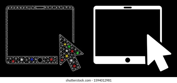 Flare mesh tablet arrow pointer icon with sparkle effect. Abstract illuminated model of tablet arrow pointer. Shiny wire carcass polygonal mesh tablet arrow pointer icon.