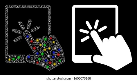 Flare mesh tablet click icon with lightspot effect. Abstract illuminated model of tablet click. Shiny wire frame polygonal mesh tablet click icon. Vector abstraction on a black background.