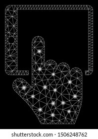 Flare mesh tablet point with sparkle effect. Abstract illuminated model of tablet point icon. Shiny wire carcass triangular mesh tablet point. Vector abstraction on a black background.