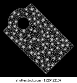 Flare mesh tag with glare effect. Abstract illuminated model of tag icon. Shiny wire frame triangular mesh tag. Vector abstraction on a black background.