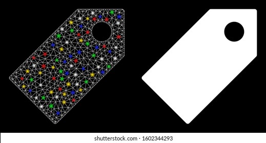 Flare mesh tag icon with sparkle effect. Abstract illuminated model of tag. Shiny wire carcass triangular network tag icon. Vector abstraction on a black background.