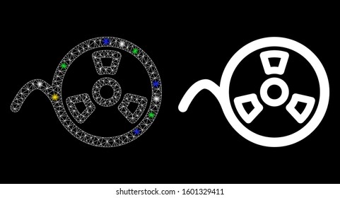 Flare mesh tape roll icon with glow effect. Abstract illuminated model of tape roll. Shiny wire carcass polygonal mesh tape roll icon. Vector abstraction on a black background.