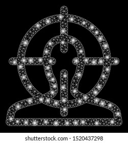 Flare mesh target with glare effect. Abstract illuminated model of target icon. Shiny wire frame triangular network target. Vector abstraction on a black background.