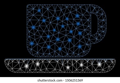 Flare mesh tea cup with sparkle effect. Abstract illuminated model of tea cup icon. Shiny wire carcass polygonal mesh tea cup. Vector abstraction on a black background.