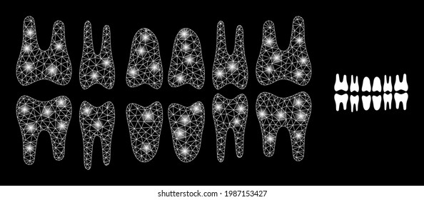 La mandíbula de los dientes de malla de carne con focos de luz. Cápsula vectora basada en el icono de la mandíbula de los dientes. Maquina brillante de malla en el marco de la mandíbula sobre un fondo negro.