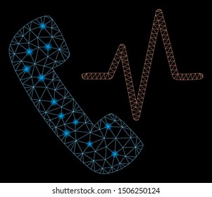 Flare mesh telephony with glow effect. Abstract illuminated model of telephony icon. Shiny wire carcass polygonal mesh telephony. Vector abstraction on a black background.