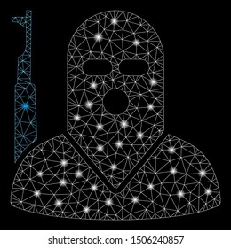 Flare mesh terrorist with glitter effect. Abstract illuminated model of terrorist icon. Shiny wire frame triangular mesh terrorist. Vector abstraction on a black background.