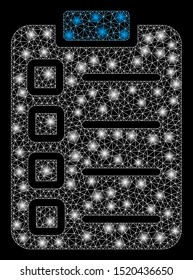 Flare mesh test tasks with lightspot effect. Abstract illuminated model of test tasks icon. Shiny wire frame triangular mesh test tasks. Vector abstraction on a black background.
