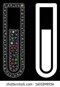 Flare mesh test tube icon with glare effect. Abstract illuminated model of test tube. Shiny wire frame triangular mesh test tube icon. Vector abstraction on a black background.