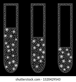 Flare mesh test-tubes with lightspot effect. Abstract illuminated model of test-tubes icon. Shiny wire frame polygonal mesh test-tubes. Vector abstraction on a black background.