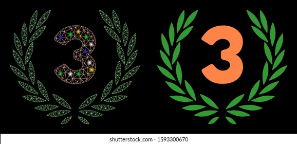 Flare mesh third laurel wreath icon with sparkle effect. Abstract illuminated model of third laurel wreath. Shiny wire carcass triangular mesh third laurel wreath icon.