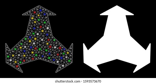 Flare mesh three directions icon with glitter effect. Abstract illuminated model of three directions. Shiny wire carcass triangular mesh three directions icon.