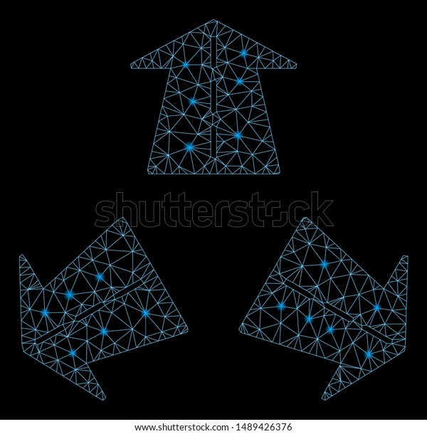 Flare mesh three\
road directions with lightspot effect. Abstract illuminated model\
of three road directions icon. Shiny wire carcass triangular mesh\
three road directions.