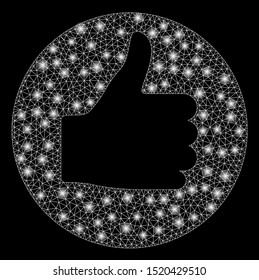 Flare mesh thumb up with glare effect. Abstract illuminated model of thumb up icon. Shiny wire frame polygonal network thumb up. Vector abstraction on a black background.