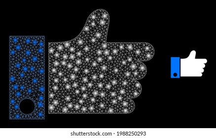 Flare mesh thumb up with light spots. Vector carcass created from thumb up icon. Flare frame mesh thumb up on a black background.