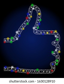 Flare mesh thumb up with lightspot effect. Abstract illuminated model of thumb up. Shiny wire carcass triangular mesh thumb up icon. Vector abstraction on a dark blue gradient background.