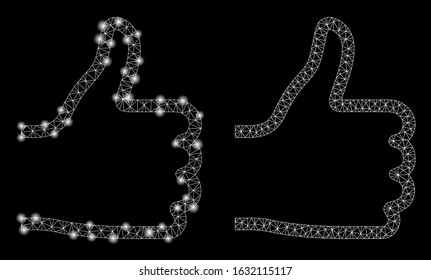 Flare mesh thumb up with lightspot effect. Abstract illuminated model of thumb up icon. Shiny wire carcass triangular mesh thumb up icon. Vector abstraction on a black background.