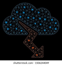 Flare mesh thunderstorm with glare effect. Abstract illuminated model of thunderstorm icon. Shiny wire carcass polygonal mesh thunderstorm. Vector abstraction on a black background.