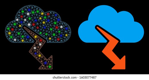 Flare mesh thunderstorm icon with glow effect. Abstract illuminated model of thunderstorm. Shiny wire carcass polygonal mesh thunderstorm icon. Vector abstraction on a black background.