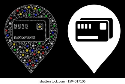 Flare mesh tickets map marker icon with lightspot effect. Abstract illuminated model of tickets map marker. Shiny wire frame polygonal mesh tickets map marker icon.