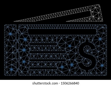 Flare mesh tickets with sparkle effect. Abstract illuminated model of tickets icon. Shiny wire frame polygonal mesh tickets. Vector abstraction on a black background.