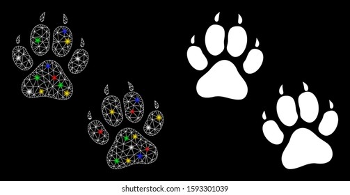 Flare mesh tiger footprints icon with lightspot effect. Abstract illuminated model of tiger footprints. Shiny wire carcass triangular mesh tiger footprints icon.