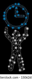 Flare mesh time champion with glitter effect. Abstract illuminated model of time champion icon. Shiny wire carcass triangular mesh time champion. Vector abstraction on a black background.