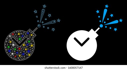 Flare mesh time fireworks charge icon with sparkle effect. Abstract illuminated model of time fireworks charge. Shiny wire frame triangular network time fireworks charge icon.
