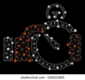Flare mesh time management with glare effect. Abstract illuminated model of time management icon. Shiny wire frame triangular mesh time management. Vector abstraction on a black background.