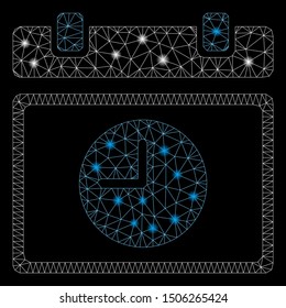 Flare mesh time schedule with lightspot effect. Abstract illuminated model of time schedule icon. Shiny wire carcass triangular network time schedule. Vector abstraction on a black background.
