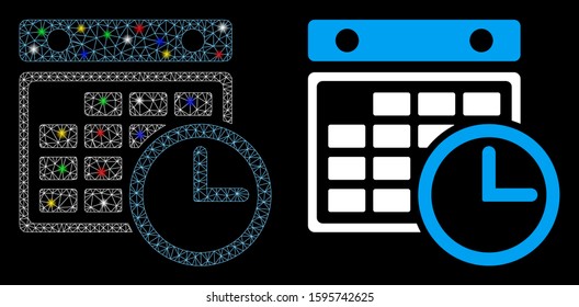 Flare mesh timetable icon with glitter effect. Abstract illuminated model of timetable. Shiny wire frame triangular mesh timetable icon. Vector abstraction on a black background.
